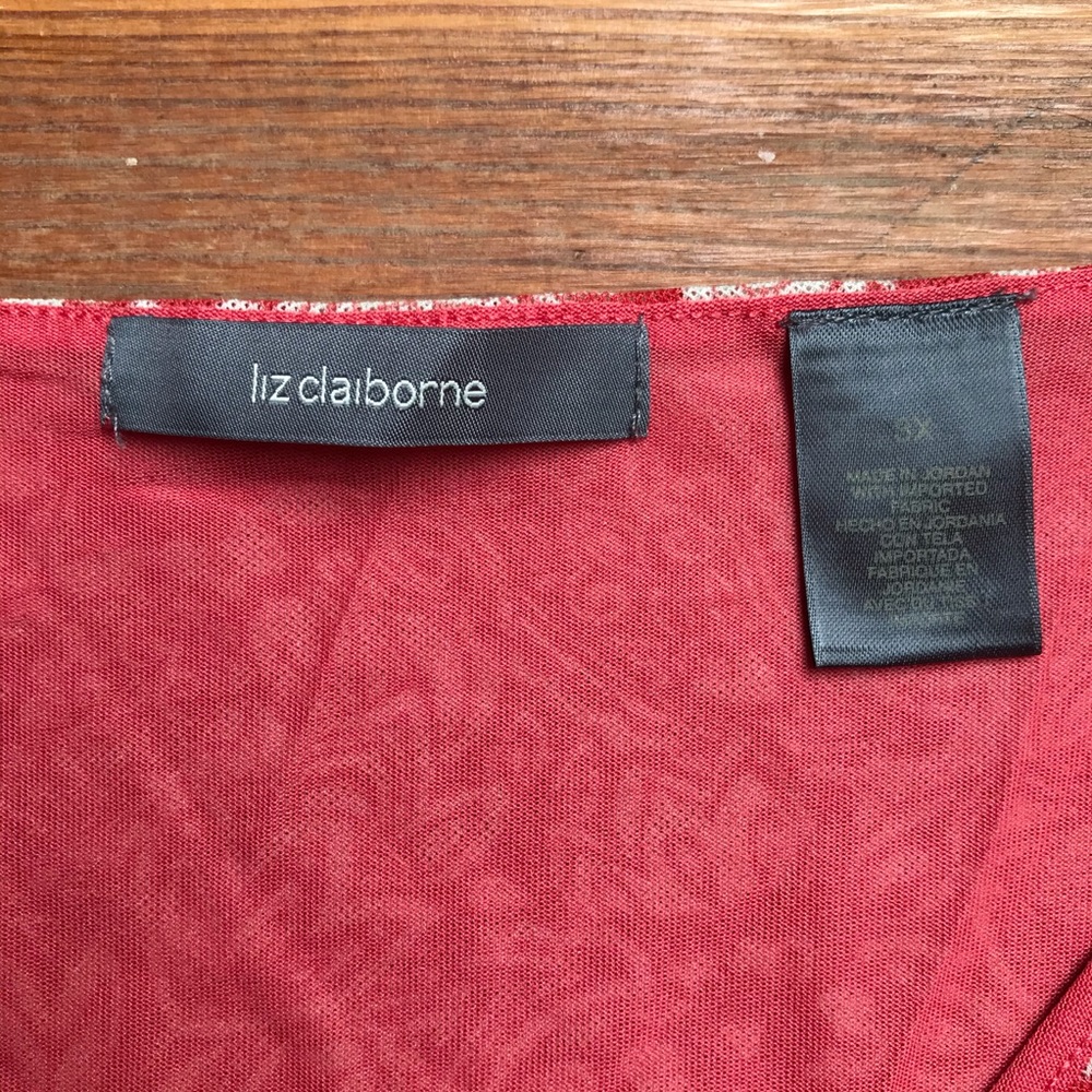 Liz Claiborne Red White Mesh 3/4 Length V-Neck Blouse, EUC, 3X - Picture 4 of 14